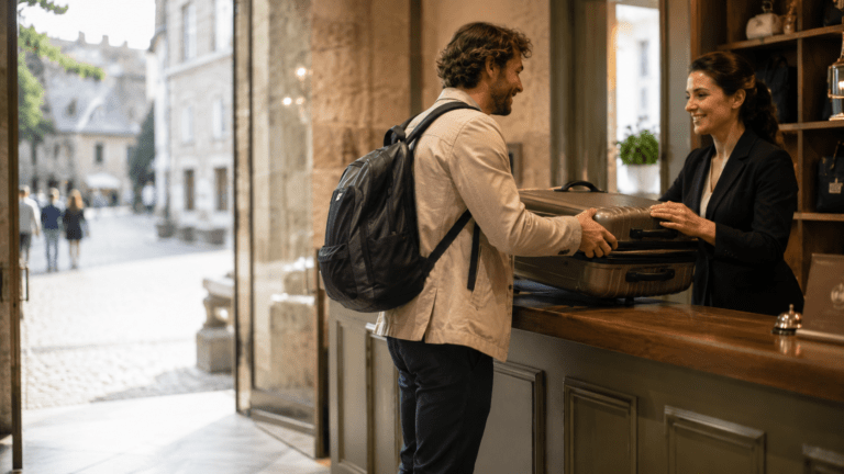 Traveler using luggage storage in Dinan before exploring the medieval ramparts and old port
