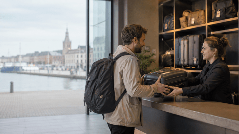 Traveler using luggage storage in Dunkerque near ferry port and North Sea routes