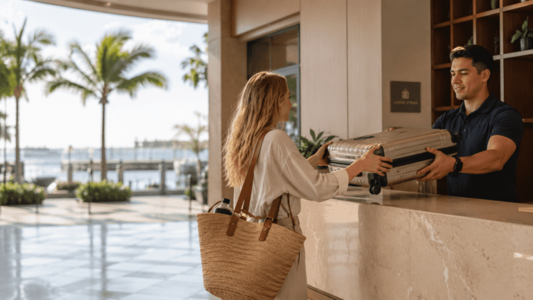 Traveler using luggage storage in Fort Myers near riverfront streets and beach routes