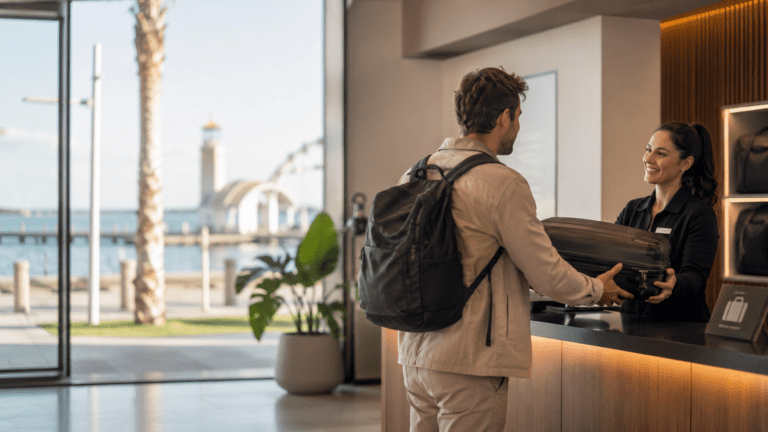 Traveler using luggage storage in Geelong near waterfront areas and rail links