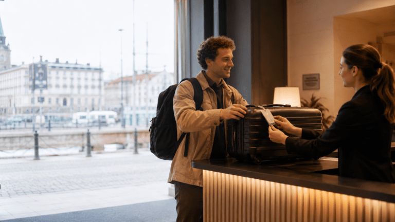 Traveler storing luggage in Gothenburg before exploring the canals and harbour