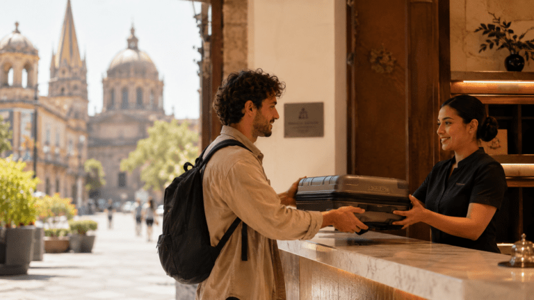 Traveler using luggage storage near Guadalajara plazas