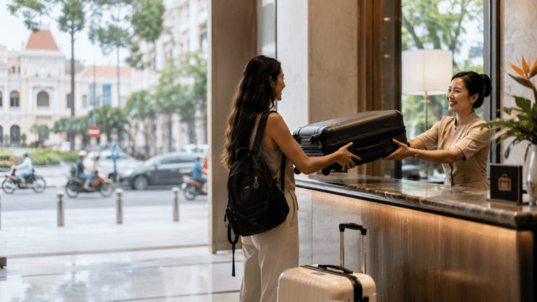 Traveler using luggage storage in Ho Chi Minh near markets and District 1 streets