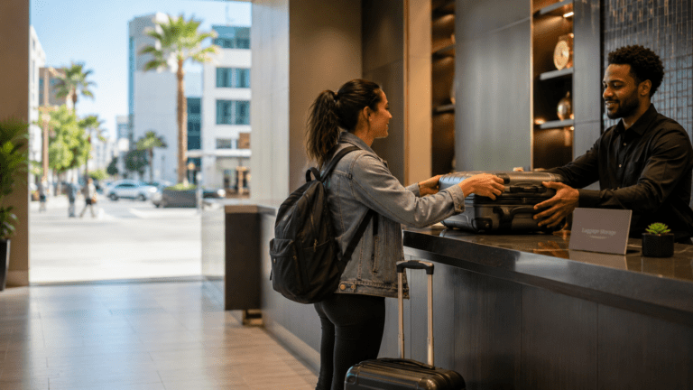 Traveler using luggage storage in Inglewood near LAX links and stadium venues