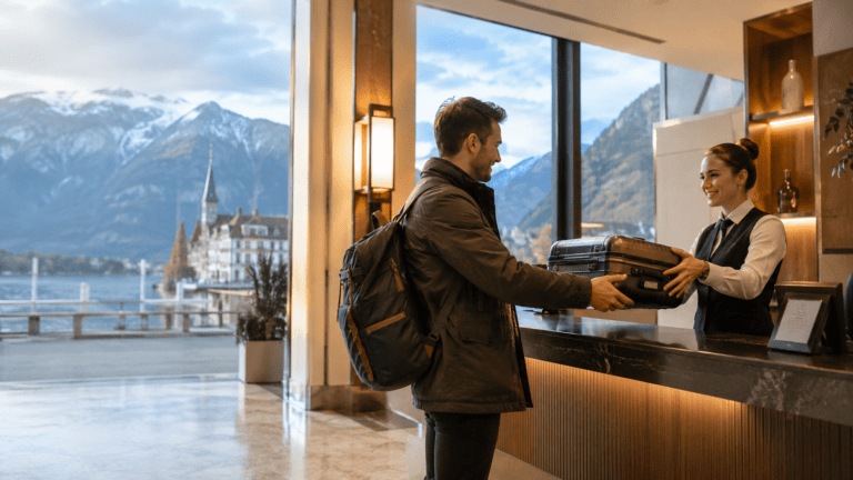 Traveler storing luggage in Interlaken before lake and mountain excursions