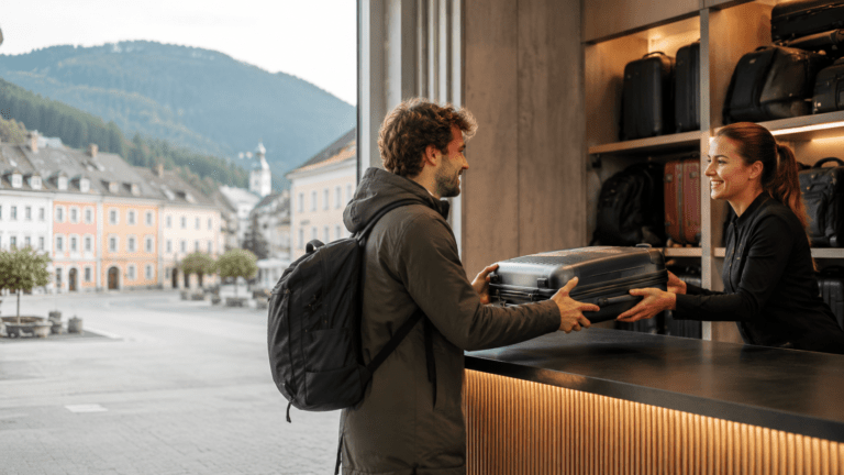 Traveler using luggage storage in Judenburg near Mur Valley and old town routes