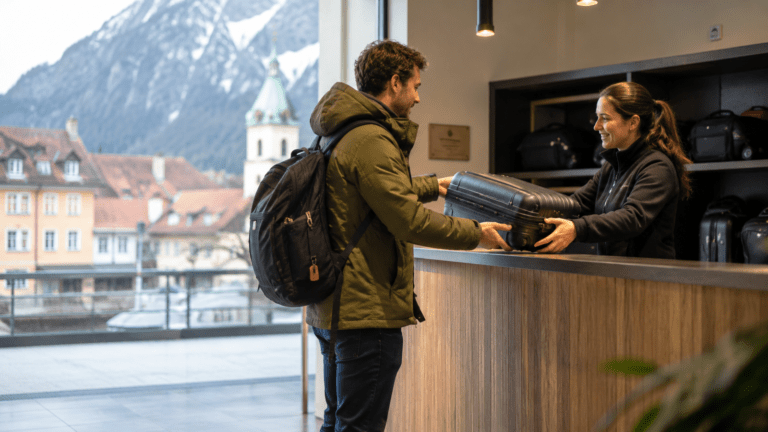 Traveler using luggage storage in Kapfenberg near Mur Valley and rail routes