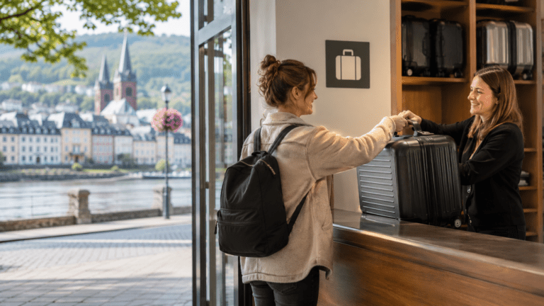 Traveller using luggage storage before visiting Deutsches Eck in Koblenz