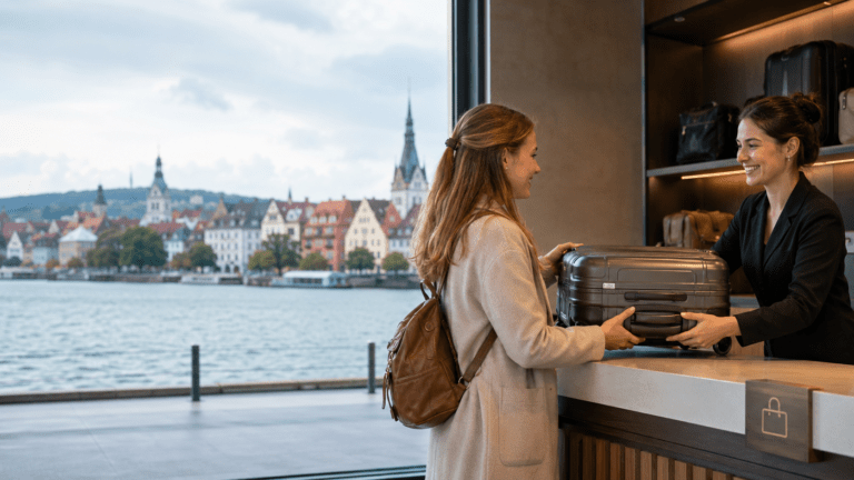 Traveller using luggage storage before exploring Konstanz harbour and Old Town