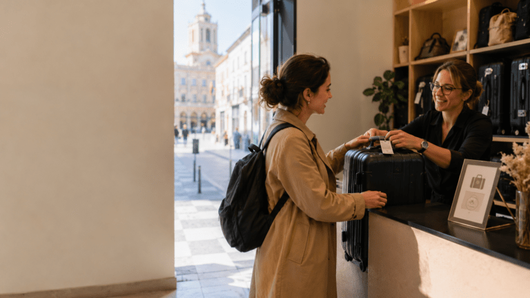 Traveler using luggage storage in La Roche-sur-Yon near central streets and station routes