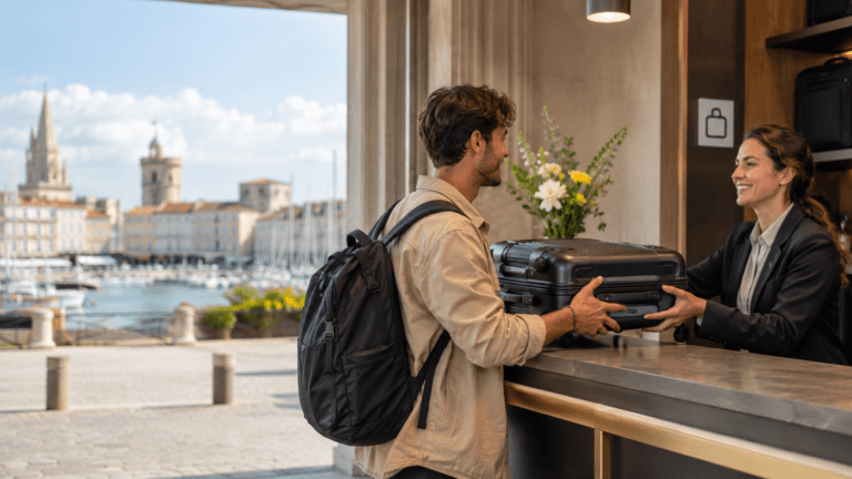 Traveller using luggage storage before exploring La Rochelle Old Port