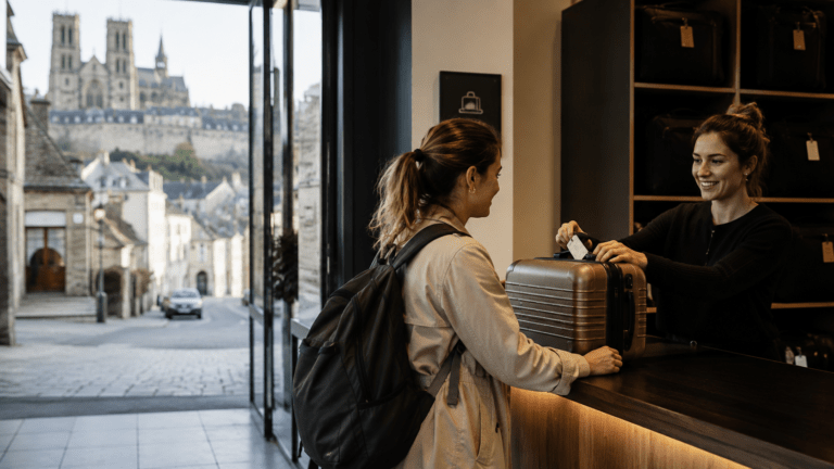 Traveler using luggage storage in Laon near old town and station routes