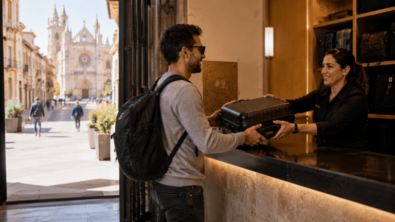Traveler storing luggage in León before a cathedral and Camino day
