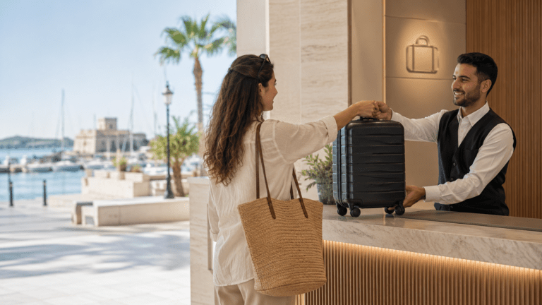 Cruise visitor using luggage storage in Limassol before exploring the marina and seafront