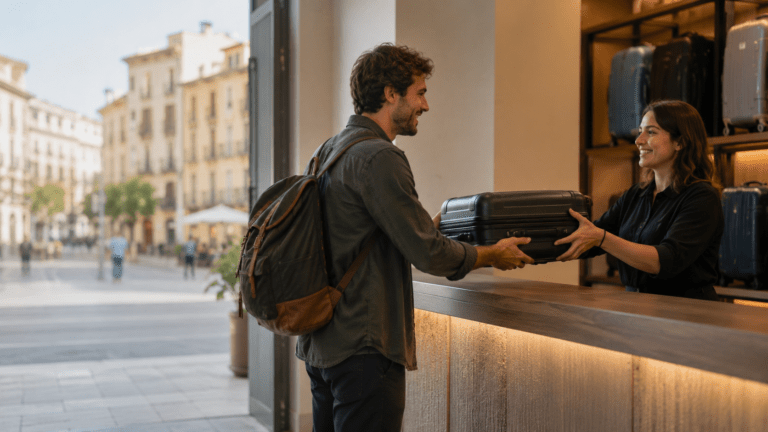 Traveler storing luggage in Logroño before a tapas and Camino day