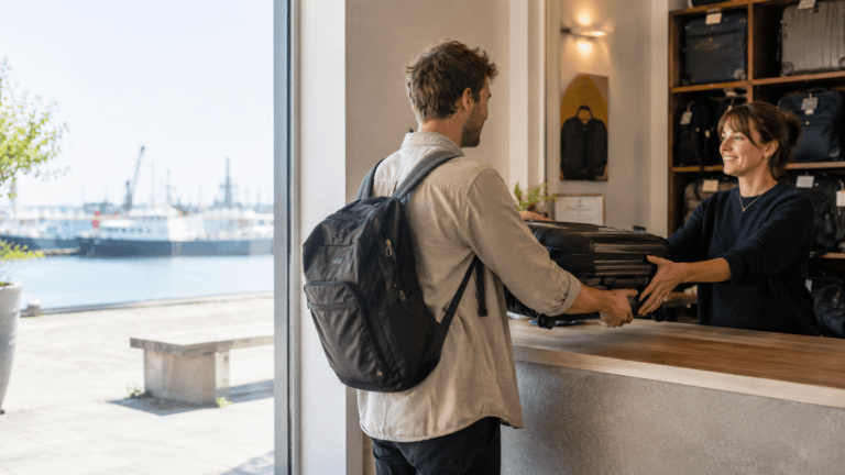 Traveler using luggage storage in Lorient near harbor and coastal routes