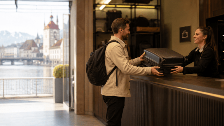 Traveller using luggage storage near Lucerne Chapel Bridge and the lake