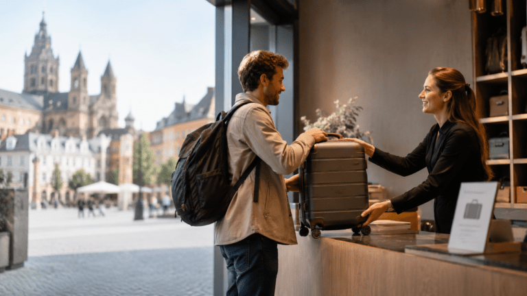 Traveler using luggage storage in Mainz before exploring the old town and Rhine riverfront