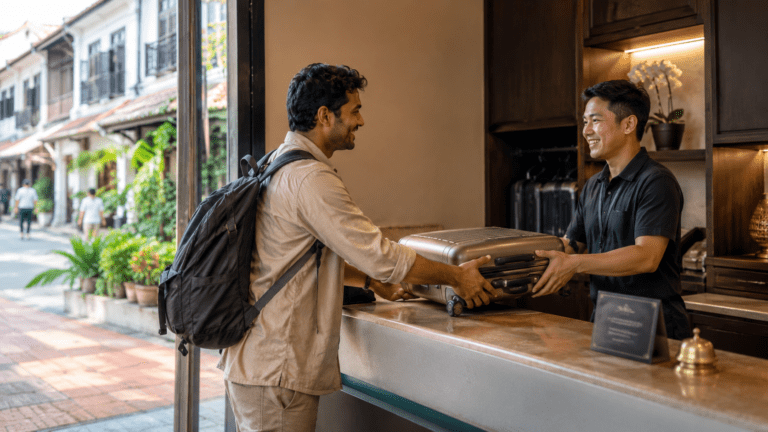 Traveler using luggage storage in Malacca near Jonker Street and river walks