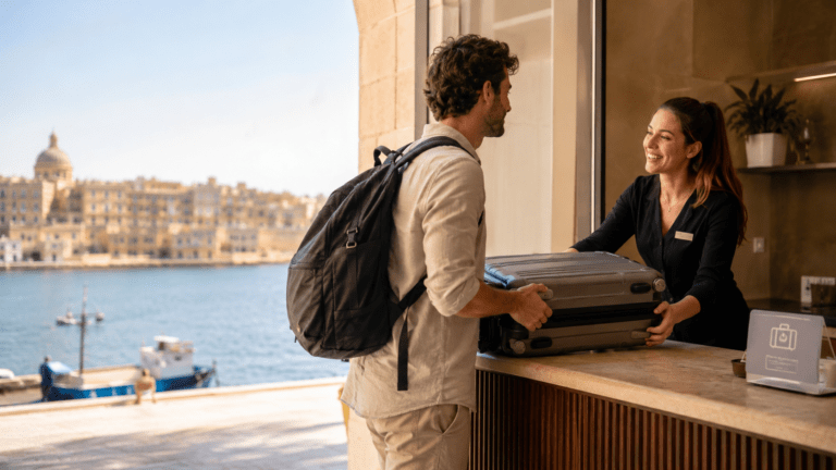 Traveler storing luggage in Malta before exploring Valletta and ferry routes