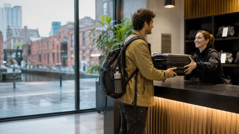 Traveller using luggage storage near Manchester Piccadilly and the canals