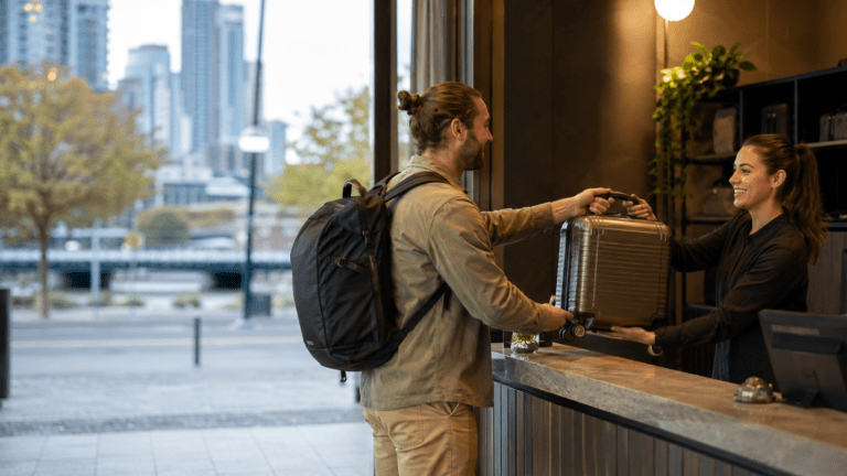 Traveller using luggage storage near Melbourne CBD and the Yarra River