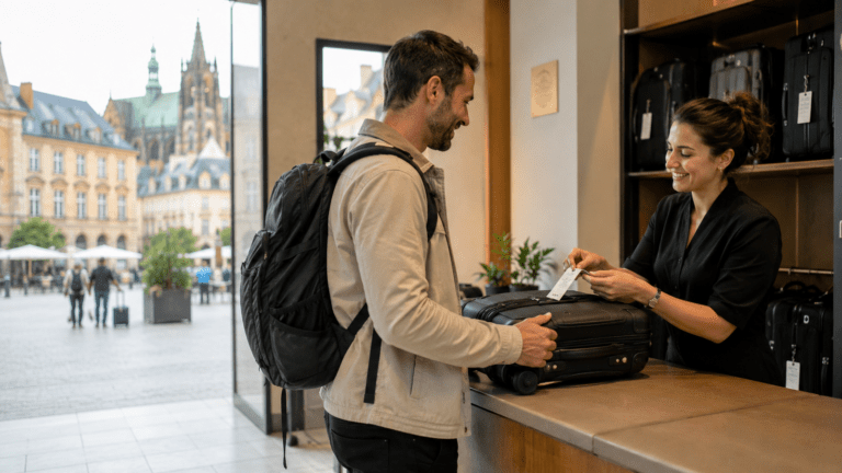 Traveler using luggage storage in Metz near cathedral and station routes