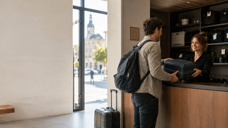 Traveler using luggage storage in Meyzieu near tram and Lyon-east routes
