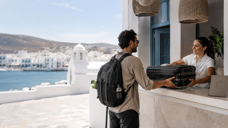 Ferry traveler using luggage storage in Milos near Adamas port