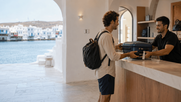 Visitor using luggage storage in Mykonos before walking through Mykonos Town