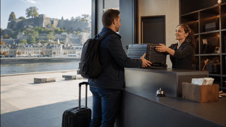 Traveler using luggage storage in Namur before exploring the old town