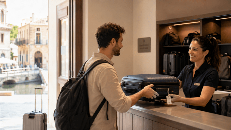 Traveler using luggage storage in Narbonne near canal and station routes