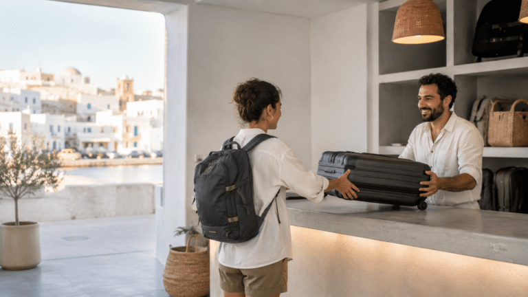 Traveller using luggage storage near Naxos port before exploring Chora