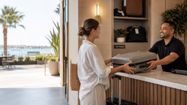 Traveler using luggage storage in Newport Beach near harbor routes