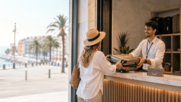 Traveler using luggage storage in Nice near the seafront