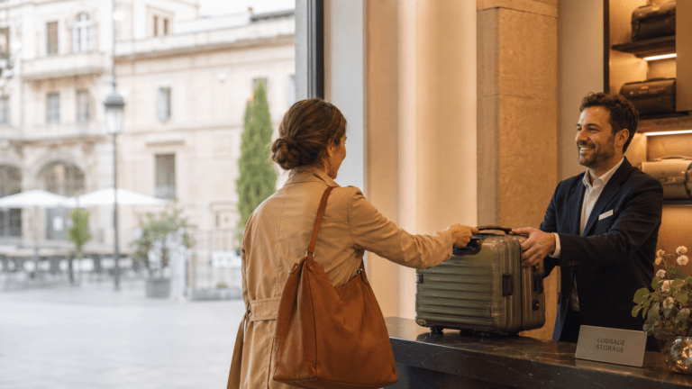 Traveler storing luggage in Oviedo before exploring the cathedral and cider quarter