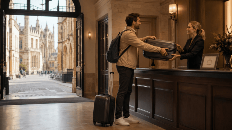 Visitor using luggage storage near Oxford Station and the colleges