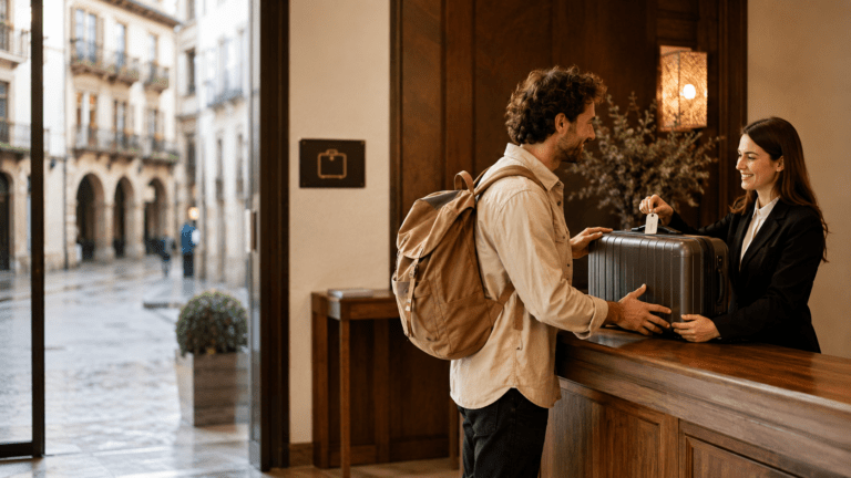 Traveler storing luggage in Pamplona before visiting the Citadel and Camino streets