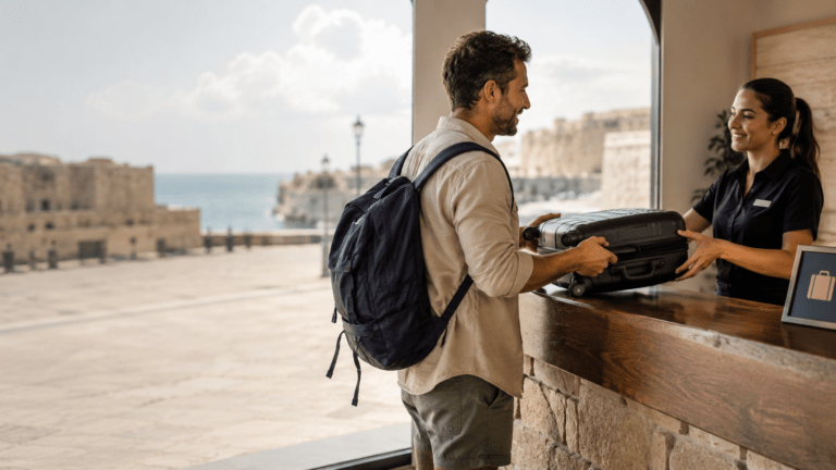 Traveller using luggage storage near Paphos harbour before sightseeing