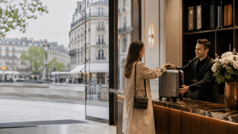 Traveler using luggage storage in Paris before visiting central museums