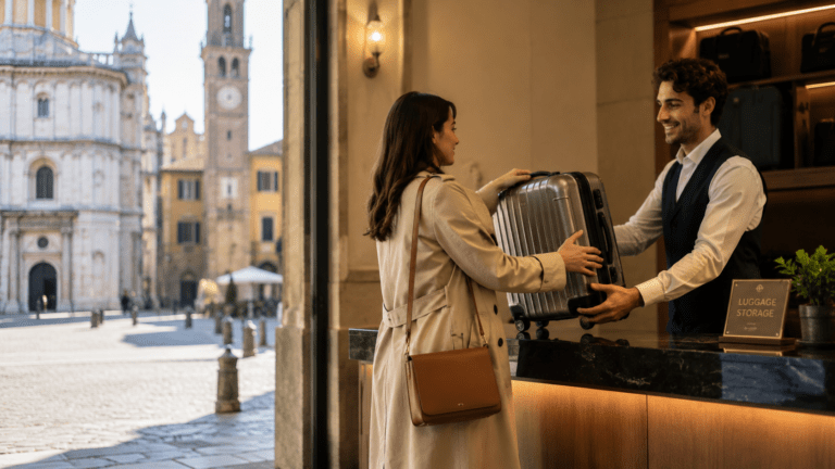 Traveler storing luggage in Parma before visiting the cathedral and food streets