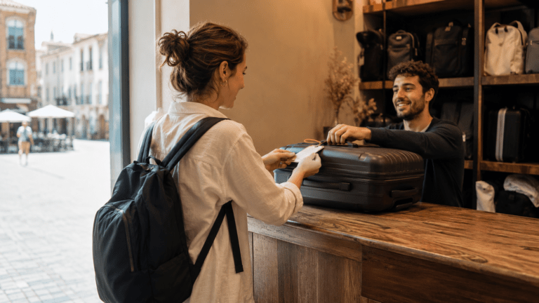 Traveler using luggage storage in Perpignan near Catalan centre streets and palace areas