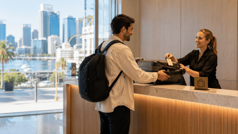 Traveller using luggage storage near Perth CBD and the Swan River