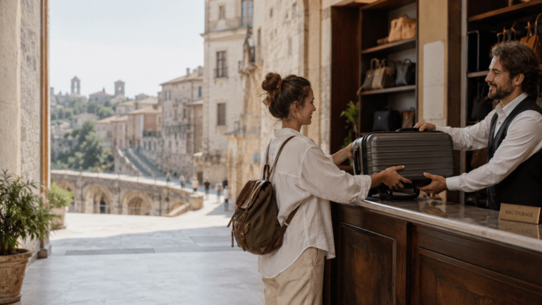 Traveler storing luggage in Perugia before exploring the hilltop piazzas