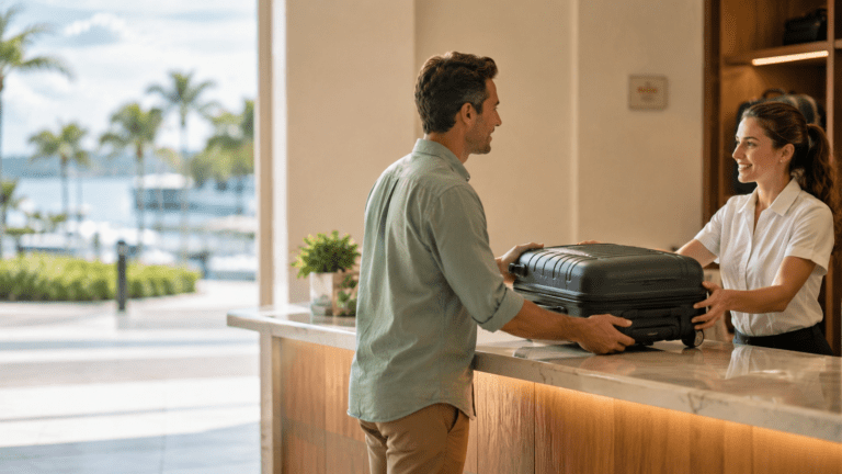 Traveler using luggage storage in Port St Lucie near Treasure Coast routes and parks