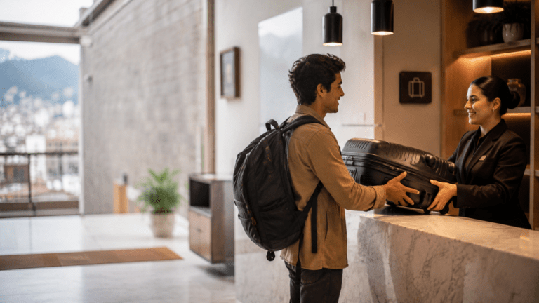 Traveler using luggage storage in Quito before exploring the historic centre and viewpoints