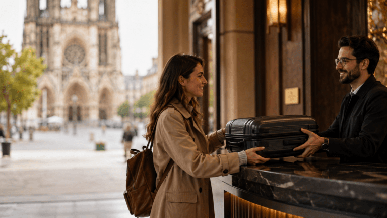 Traveler using luggage storage in Reims near cathedral and Champagne routes