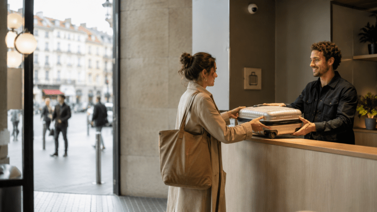 Traveler using luggage storage in Saint-Etienne near hillside streets and museum areas
