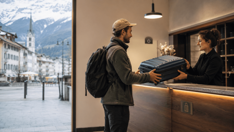 Traveler using luggage storage in Saint-Gervais-les-Bains near spa areas and mountain rail links