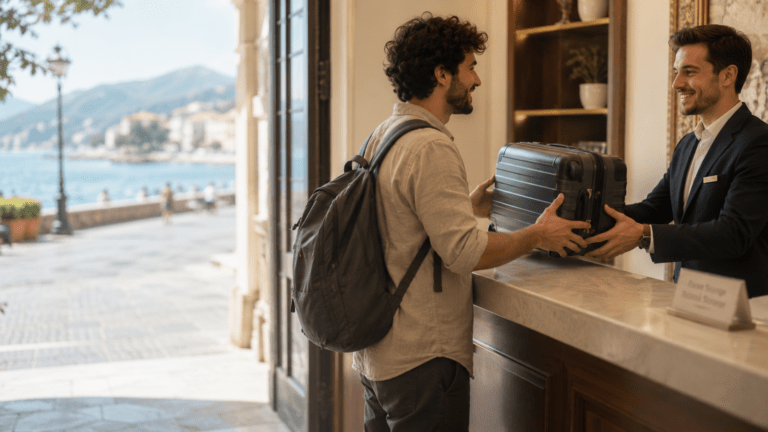 Traveler storing luggage in Salerno before exploring the seafront and Amalfi ferry routes